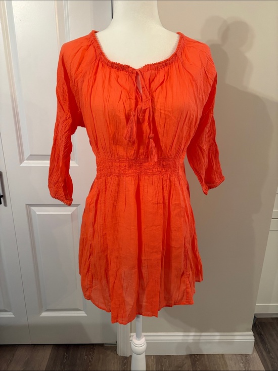 Athleta Dresses & Skirts - Athleta Med Bright Orange Gauzy Smocked-Waist Mini Sundress Scoop Neck BOHO